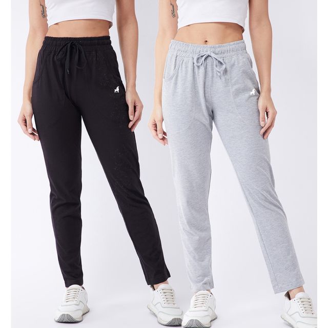 Modeve Women's Cotton Blend Solid Track Pant for Summer | Black and Light Grey | XL