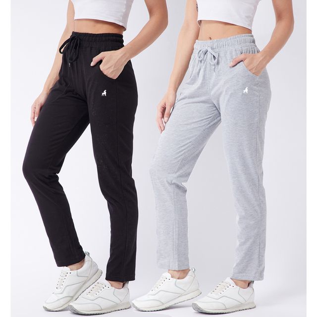 Modeve Women's Cotton Blend Solid Track Pant for Summer | Black and Light Grey | XL