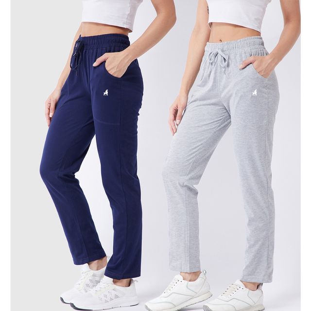 Modeve Women's Cotton Blend Solid Track Pant for Summer | Navy and Light Grey | M