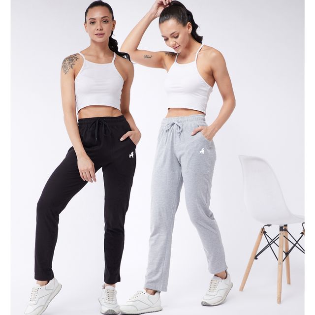 Modeve Women's Cotton Blend Solid Track Pant for Summer | Black and Light Grey | XL