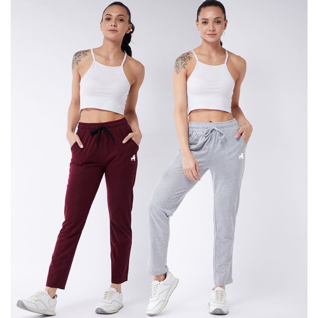 Modeve Women's Cotton Blend Solid Track Pant for Summer | Light Grey and Wine | XL
