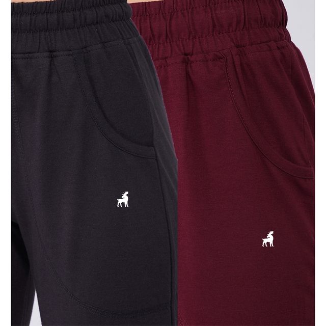 Modeve Women's Cotton Blend Solid Track Pant for Summer | Black and Wine | M