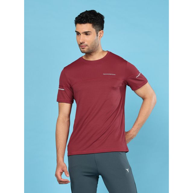 Technosport Men's Poly Solid Slim Fit Round Neck Sports T-shirt | Berry Red - 2XL