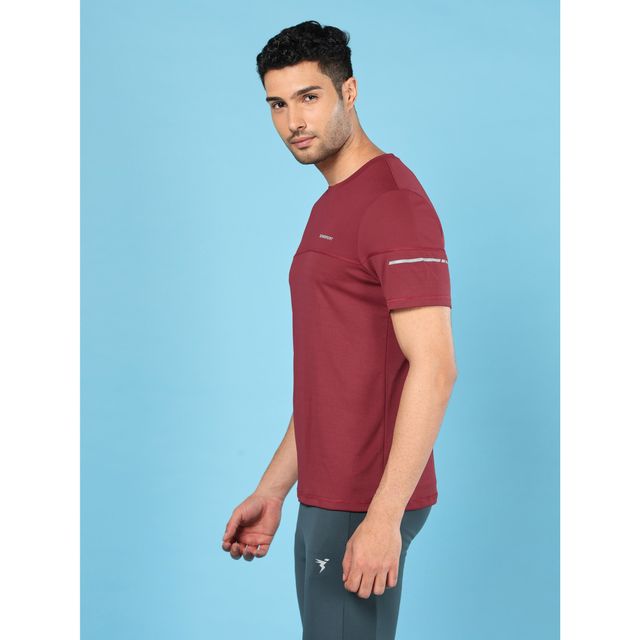 Technosport Men's Poly Solid Slim Fit Round Neck Sports T-shirt | Berry Red - 2XL