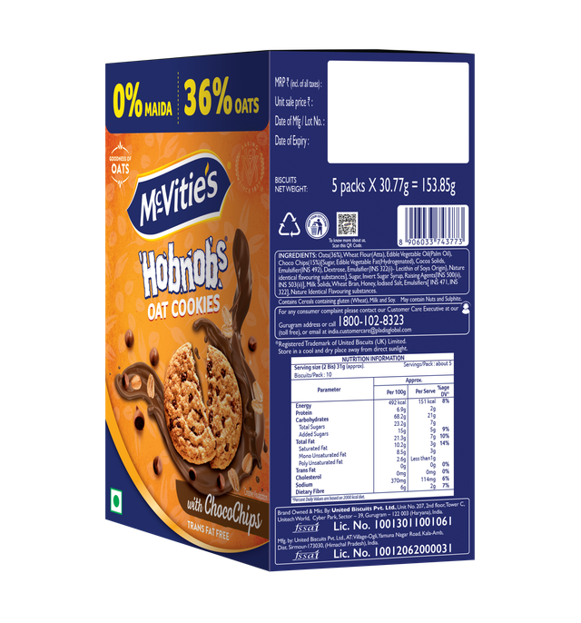 Mcvitie'S Hobnobs Crunchy Chocochip Cookies , 0% Maida & 36% Oats 153 g Combo