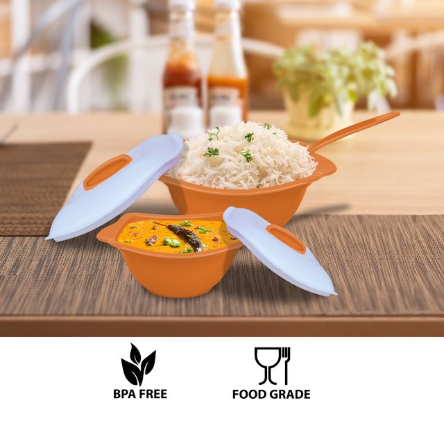 Princeware Serving Bowl Set of 3 | 650 ml+2000 ml With Serving Spoon- Orange