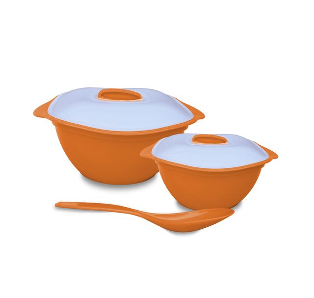 Princeware Serving Bowl Set of 3 | 650 ml+2000 ml With Serving Spoon- Orange