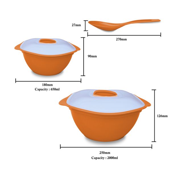 Princeware Serving Bowl Set of 3 | 650 ml+2000 ml With Serving Spoon- Orange