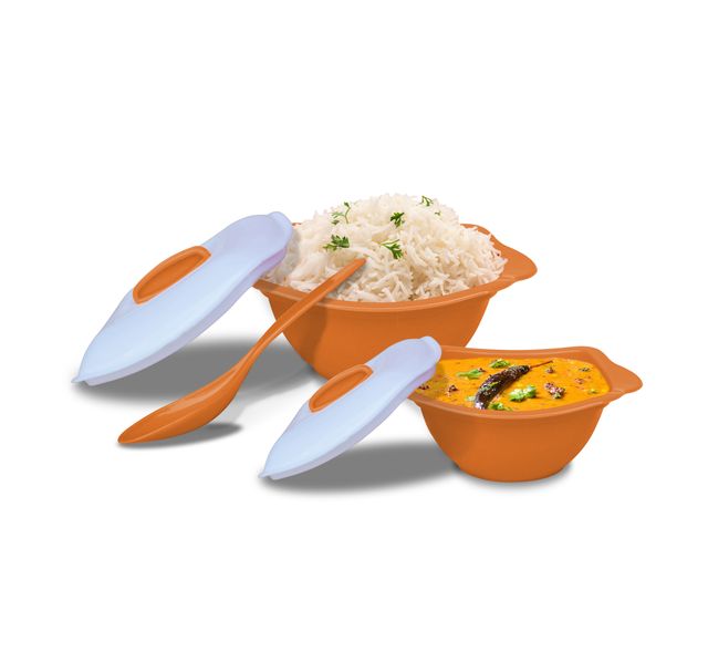 Princeware Serving Bowl Set of 3 | 650 ml+2000 ml With Serving Spoon- Orange