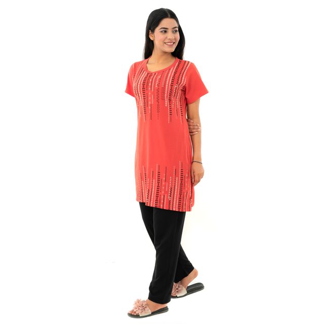 Duchess Women s Cotton Regular Fit Printed & Embroided Long Length Night Suit Set | T-Pink - XL