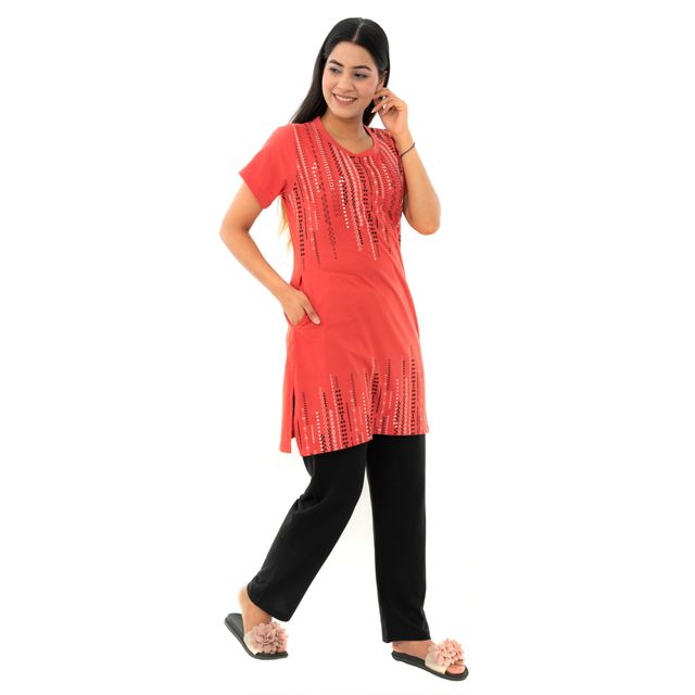 Duchess Women s Cotton Regular Fit Printed & Embroided Long Length Night Suit Set | T-Pink - XL