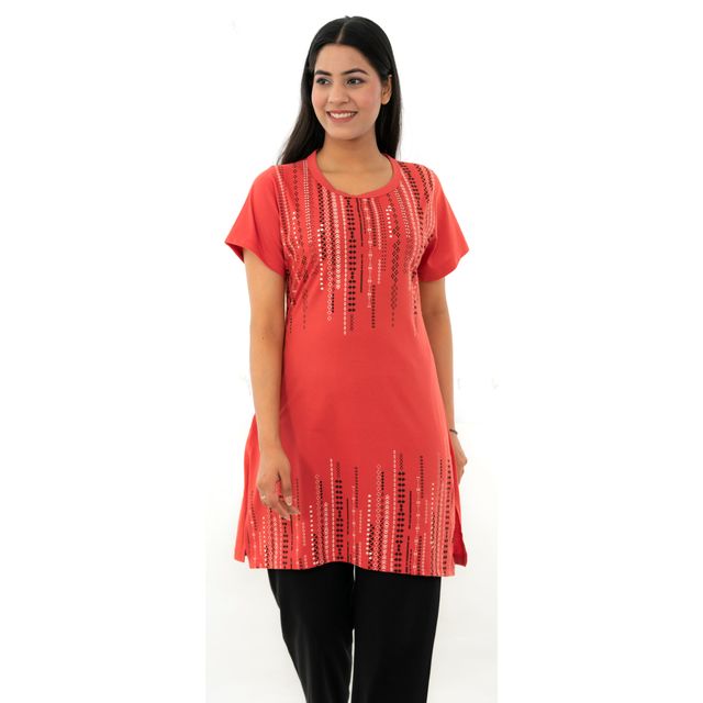 Duchess Women s Cotton Regular Fit Printed & Embroided Long Length Night Suit Set | T-Pink - XL