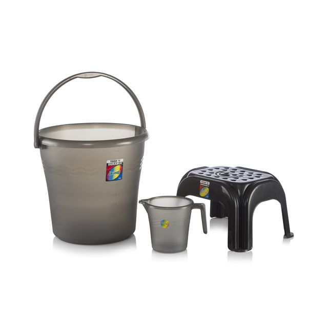 Jalore Frosty Bathroom Set | 25 L Bucket | 1.5 L Mug | Stool | Grey