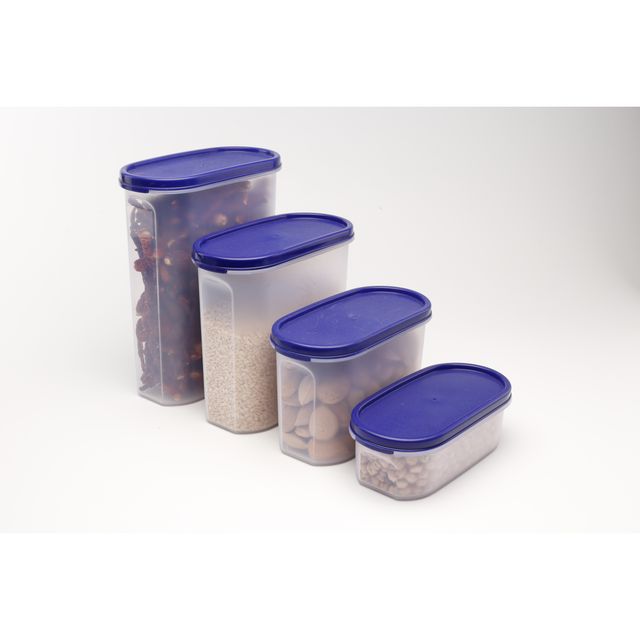 Java 1 L Oval Plastic Bottom Container With Blue Lid - Transparent