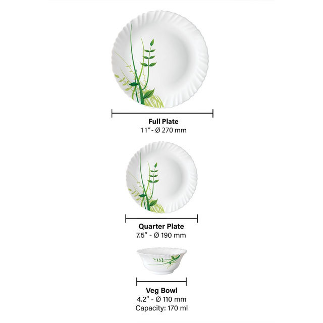 Larah By Borosil Green Herbs 12Pc Dinner Set Opalware Crockery For Dining & Gifting - White