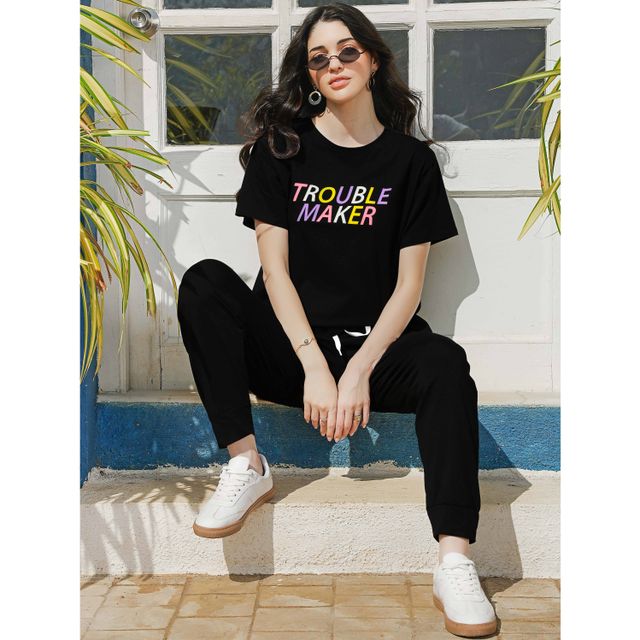 Zeyo Night Suit for Women Black Typography Printed Cotton Night Dress of Top & Joggers 5851-BK- L