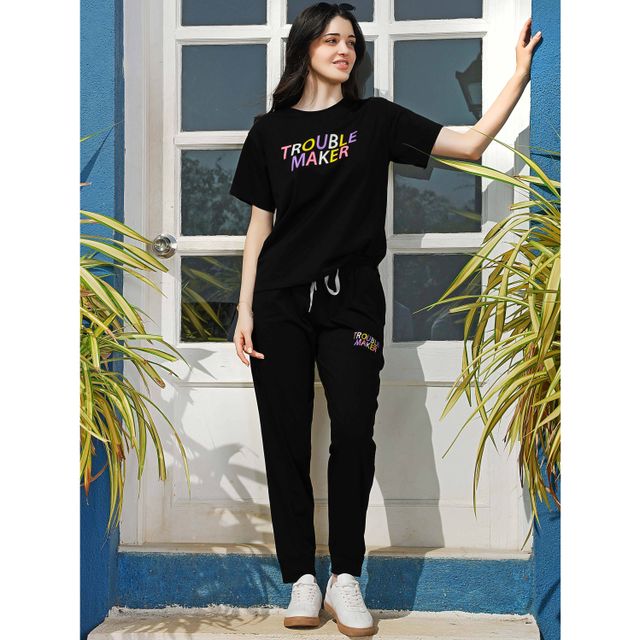 Zeyo Night Suit for Women Black Typography Printed Cotton Night Dress of Top & Joggers 5851-BK- L