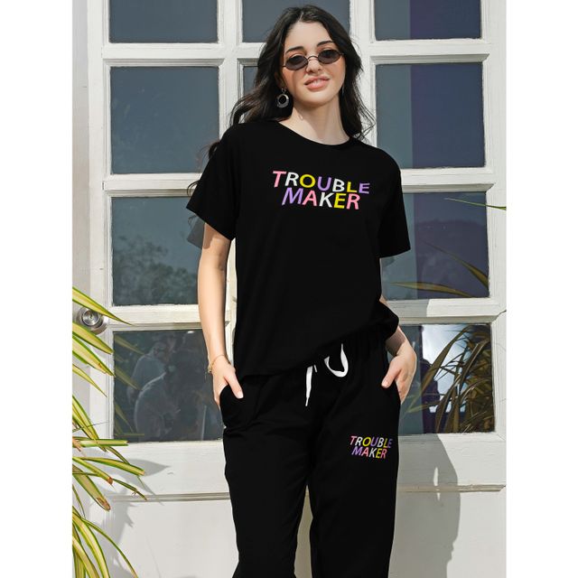 Zeyo Night Suit for Women Black Typography Printed Cotton Night Dress of Top & Joggers 5851-BK- L