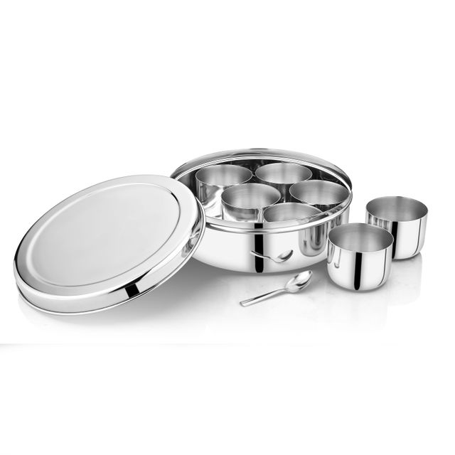 Steelera Stainless Steel Masala Dabba/ Organiser | 7 Containers And Small Spoon | Food Safe