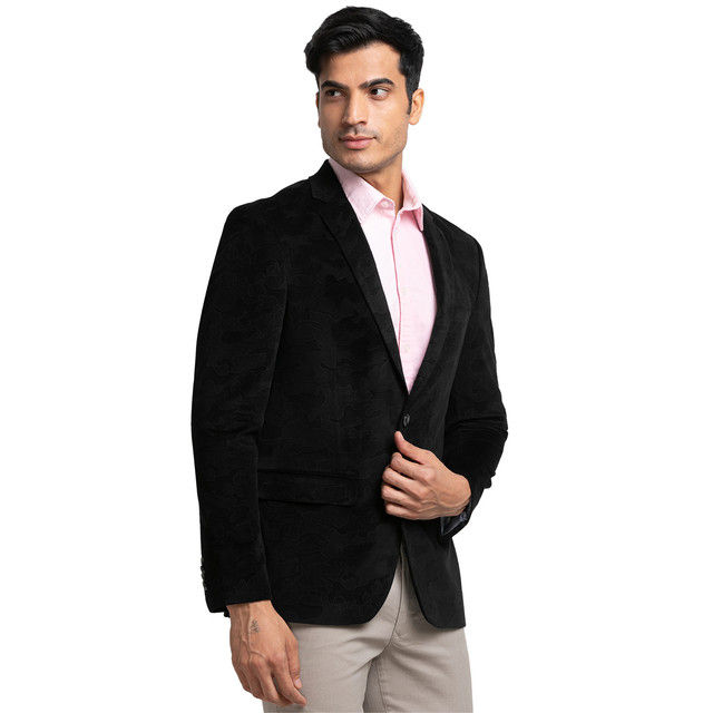 Parx Men's Urban Fit Pure Terylene Print Pattern Notch Lapel Casual Jacket | Black - XL