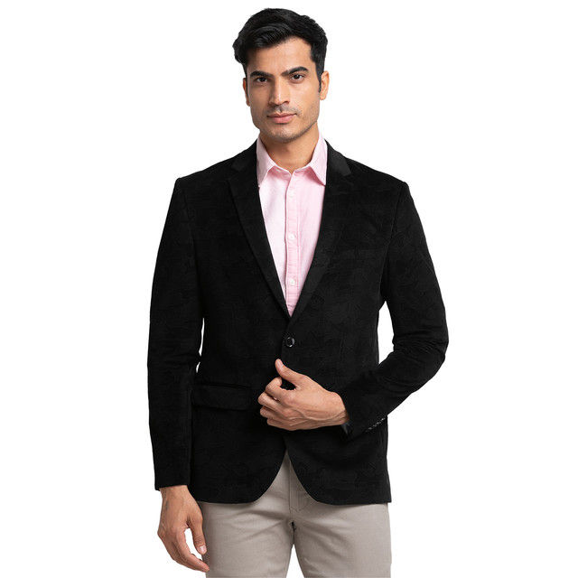 Parx Men's Urban Fit Pure Terylene Print Pattern Notch Lapel Casual Jacket | Black - XL