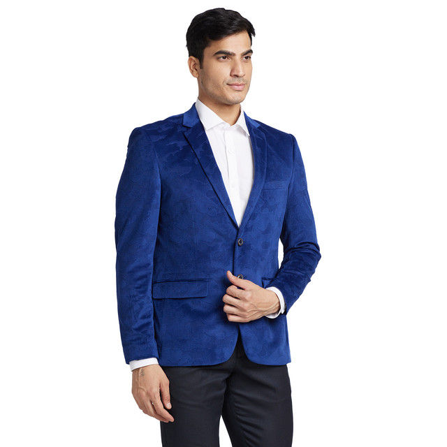 Parx Men's Urban Fit Pure Terylene Print Pattern Notch Lapel Casual Jacket | Navy - S