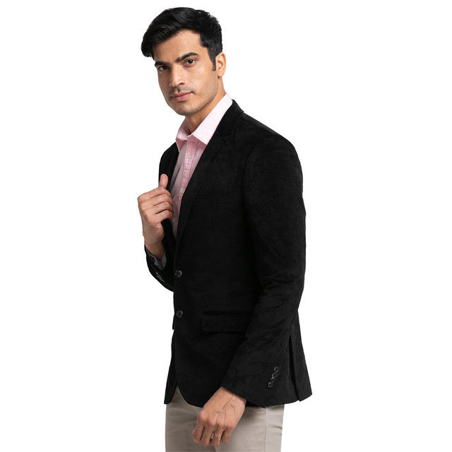 Parx Men's Urban Fit Pure Terylene Print Pattern Notch Lapel Casual Jacket | Black - XL