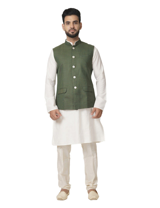 Ethnix by Raymond Men's Regular Fit Pure Polyester Solid Pattern Stand Collar Bundi | Olive - M