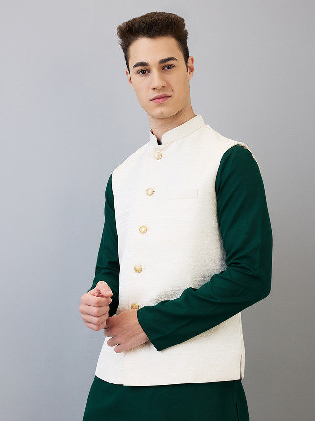 Ethnix by Raymond Men's Regular Fit Pure Polyester Structure Stand Collar Bundi | White - 2XL