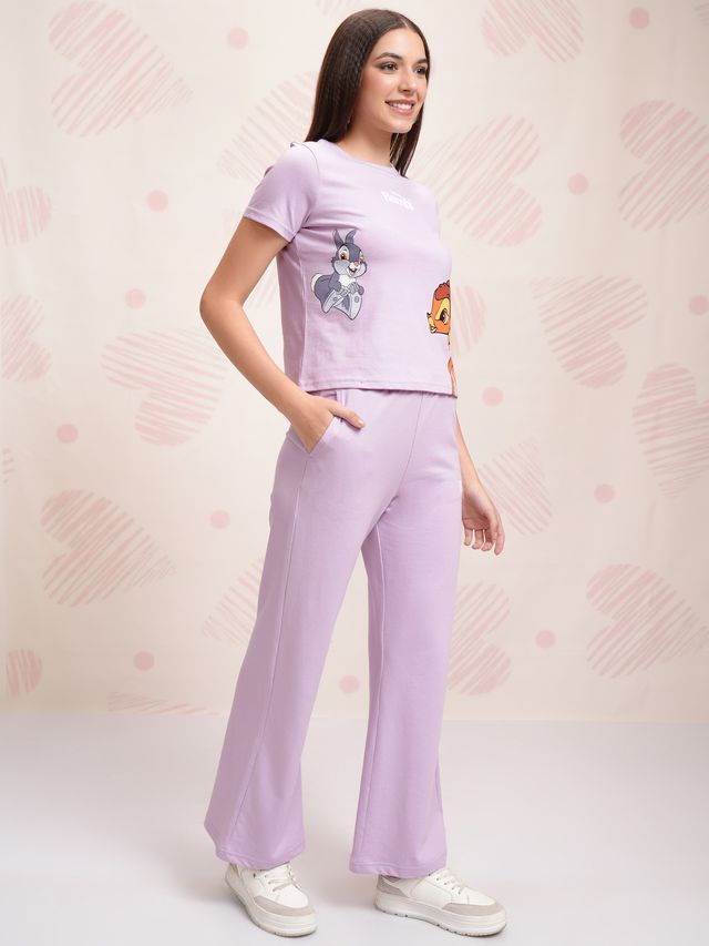 Tokyo Talkies Women's Disney Bambi Printed T-shirt with Trouser Sleepwear Set | Lavender - S