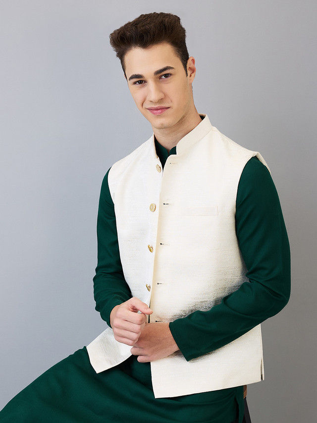Ethnix by Raymond Men's Regular Fit Pure Polyester Structure Stand Collar Bundi | White - 2XL