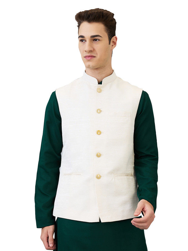 Ethnix by Raymond Men's Regular Fit Pure Polyester Structure Stand Collar Bundi | White - 2XL