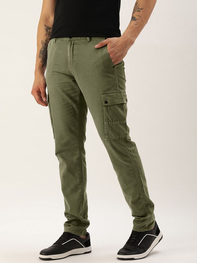 Ivoc Men s Slim Fit Pure Cotton Olive Cargos Trousers | 30