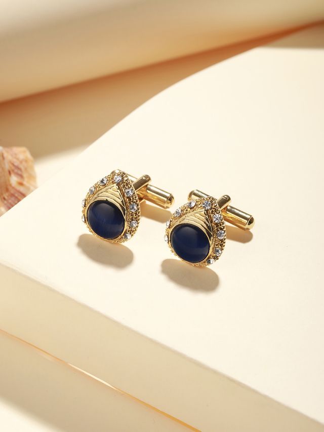 Bold By Priyaasi Blue Stone Teardrop Gold-Plated Cufflinks For Men