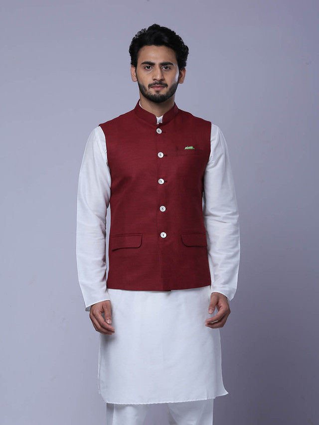 Ethnix by Raymond Men's Regular Fit Pure Polyester Solid Stand Collar Bundi | Dark Maroon - M