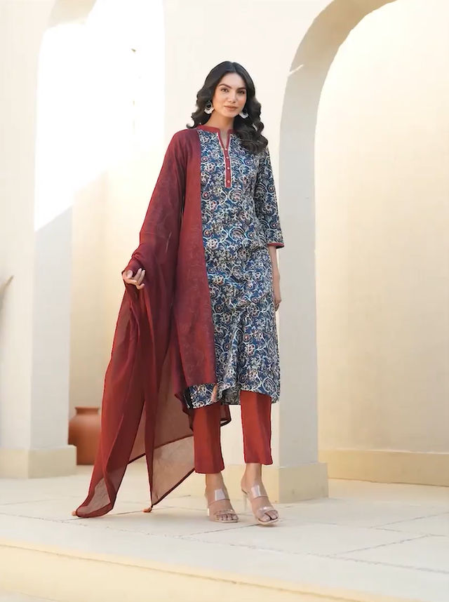 Janasya Women's Teal Blue Pure Cotton Floral Printed Kurta with Pant and Dupatta | XL