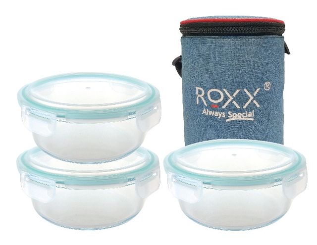Roxx Round Borosilicate Tiffin Box3 Pcs Set With Pouch