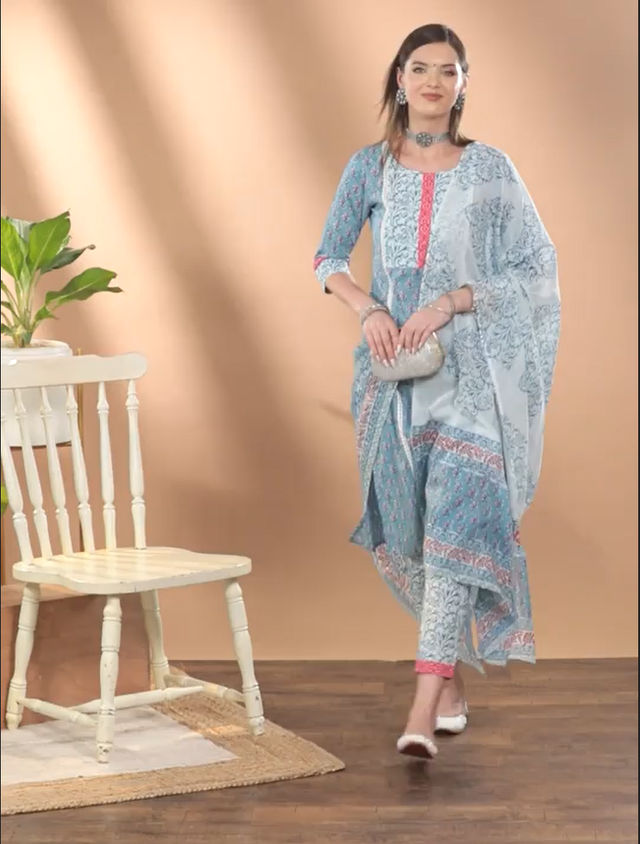 Libas Women Blue Cotton Kurta And Blue Cotton Trouser With Multi Cotton Dupatta - 33204OXL
