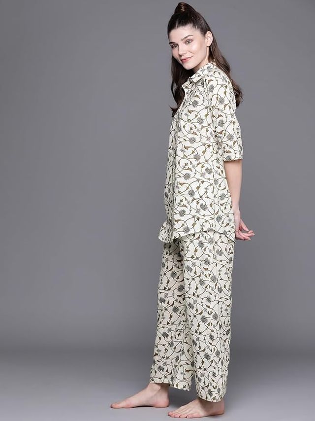 Libas Women White Cotton Shirt And White Cotton Pyjamas With Both Side Pocket - 50023XL