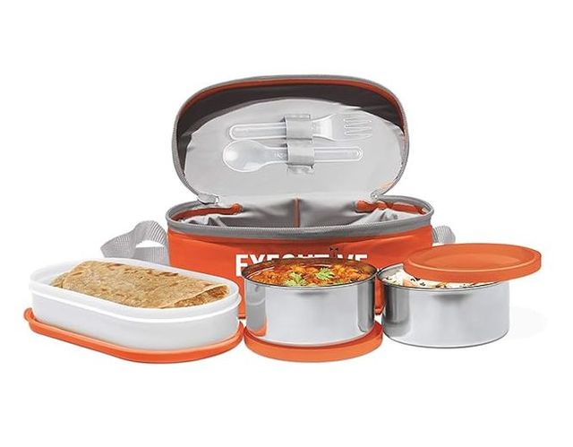 Milton Executive Lunch Insulated Tiffin, 2 Round Containers, 280 Ml Each, 1 Oval Container, 450 Ml (Colour May Vary)