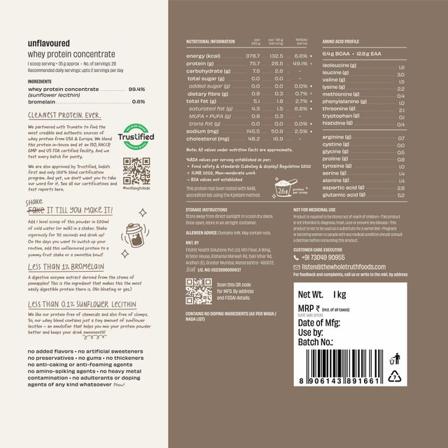 The Whole Truth Unflavoured Whey Protein Concentrate (26g Protein Per Scoop)