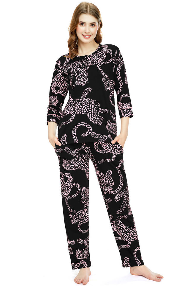 Zeyo Night Suit for Women Black Leopard Printed Cotton Night Dress of Top & Pajama Set 5787-BK- XXL
