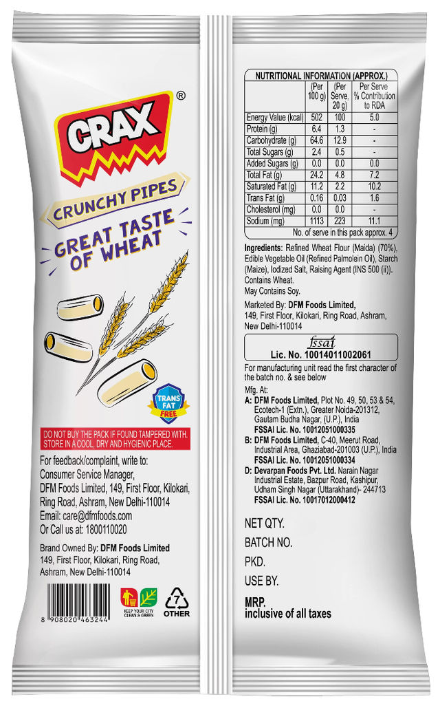 Crax Curls Chatpata Masala Crisps 82.0 Gram(82gms) & Crax Crunchy Pipes Puffs 75.0 Gram(75gms) Combo