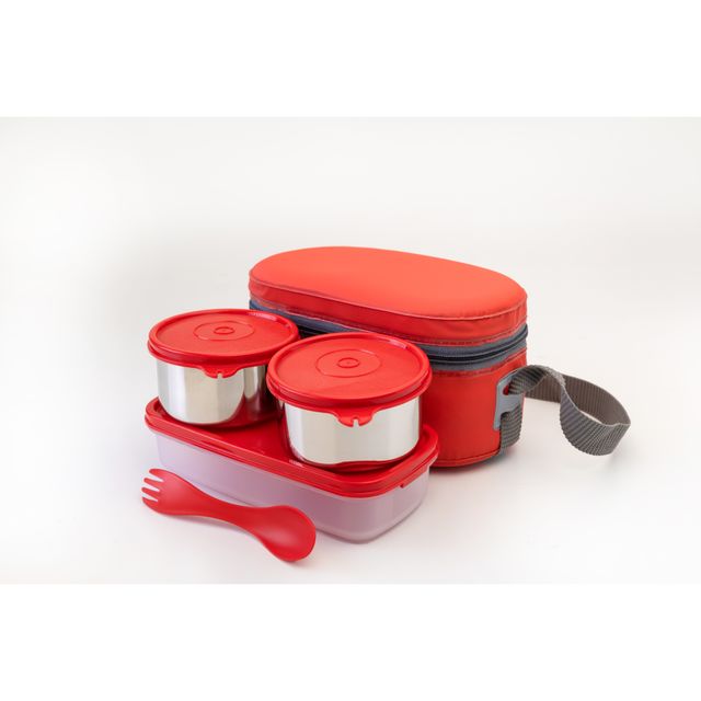Java 3 Pcs Ss Double Decker Lunch Box With Carry Bag And Spoon (1U 400 ml, 2U 300 ml) - Red