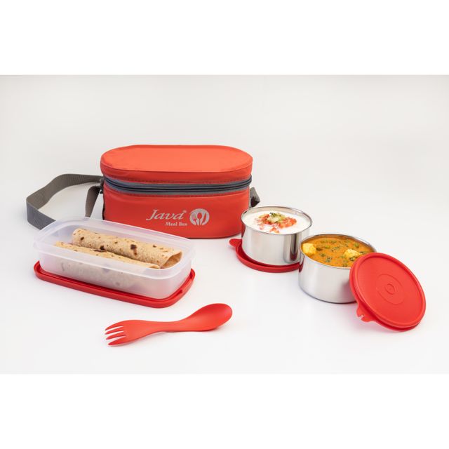Java 3 Pcs Ss Double Decker Lunch Box With Carry Bag And Spoon (1U 400 ml, 2U 300 ml) - Red