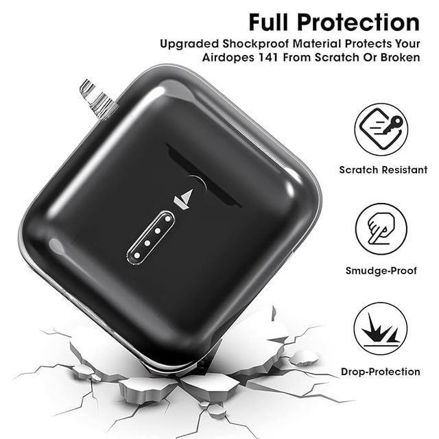 Sounce Silicone Case Cover for Boat Airdopes 141 | Shock-Absorbing | with Keychain & Front LED Visible, Transparent