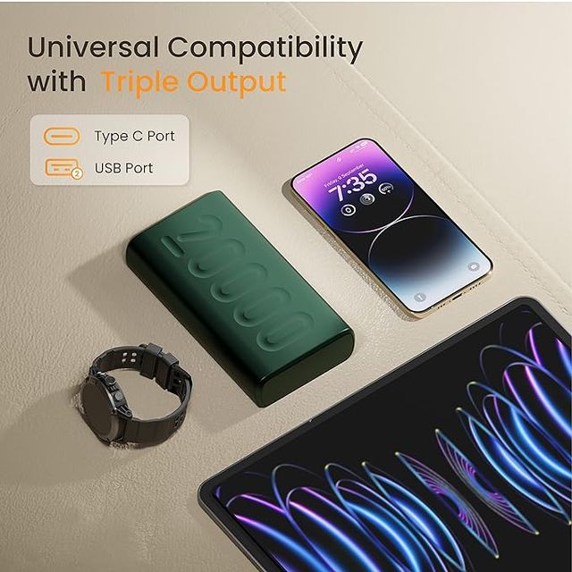 Ambrane 20000Mah Powerbank, 22.5W Fast Charging, Triple Output (2 Usb & 1 Type C) (Stylo 20, Green)