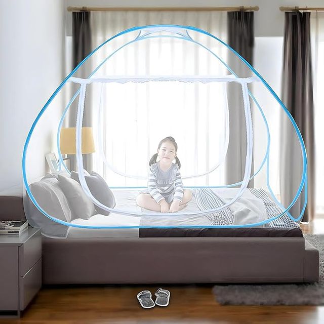 Kuber Industries Foldable Nylon Mosquito Net For Double Bed | Blue