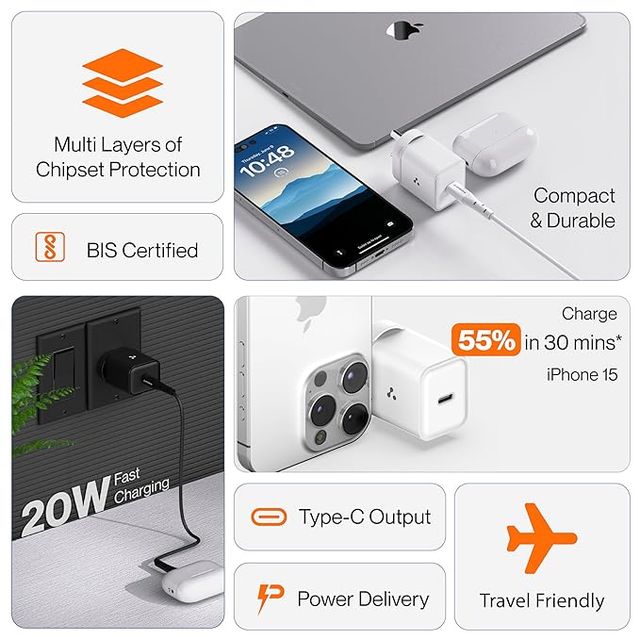 Ambrane 20W Type C Mobile Charger Adapter, Fast Charging For Android & Ios (Charge 20, Black)