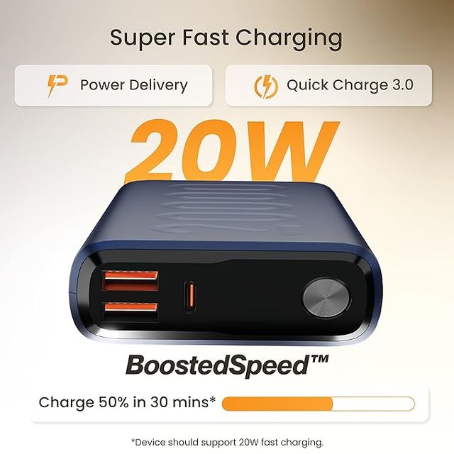 Ambrane 20000Mah Powerbank, 22.5W Fast Charging, Triple Output (2 Usb & 1 Type C) (Stylo 20, Blue)
